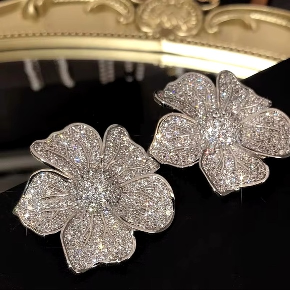 Floral Crystal Encrusted Silver Zirconia Earrings - Picture 11 of 12